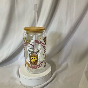 16 Ounce Handmade Glass Can Cp W/Lid & Straw, Fueled by Iced Coffee and Anxiety